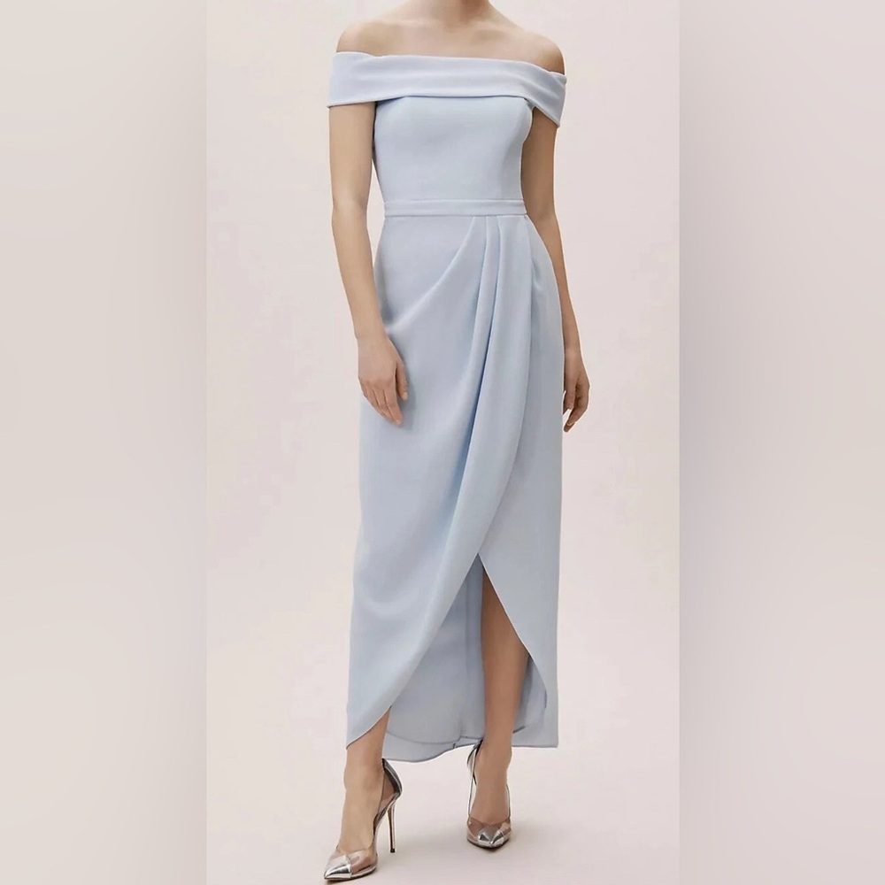 BHLDN Light Blue “Thompson” Off The Shoulder Tulip Hem Crepe Column Dress Sz 2